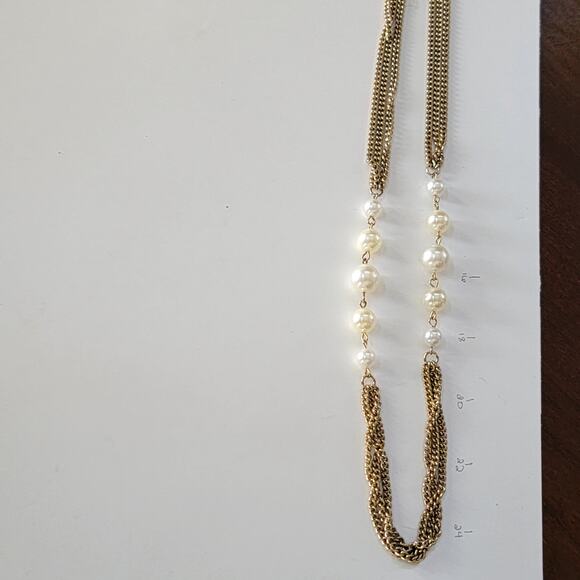 Vintage Faux Pearl Gold Tone Necklace Multi Strand Chain Elegant Costume Jewelry - Picture 10 of 10